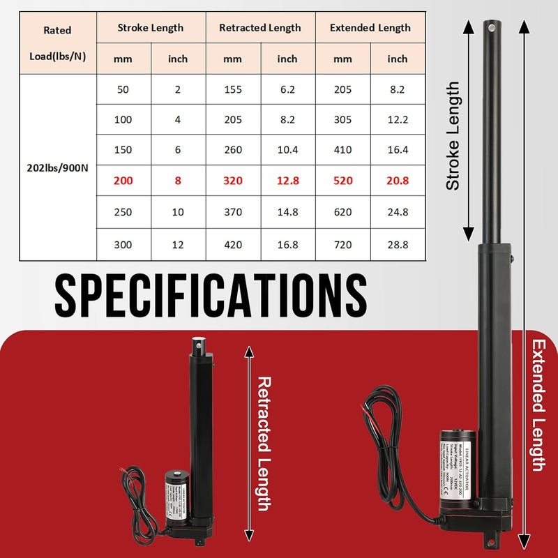 MYFULLY 12V Linear Actuator | 8" Stroke 202lbs/900N Load Heavy Duty Electric Actuator with Mounting Brackets for Solar Tracker, RV, Recliner, TV Lift, Auto Door Opener (8"/200MM Stroke Length) - Image 2